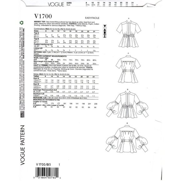 Vogue V1700 Misses 16 to 24 Deep V Neck Blouse Top Uncut Sewing Pattern - Picture 2 of 2